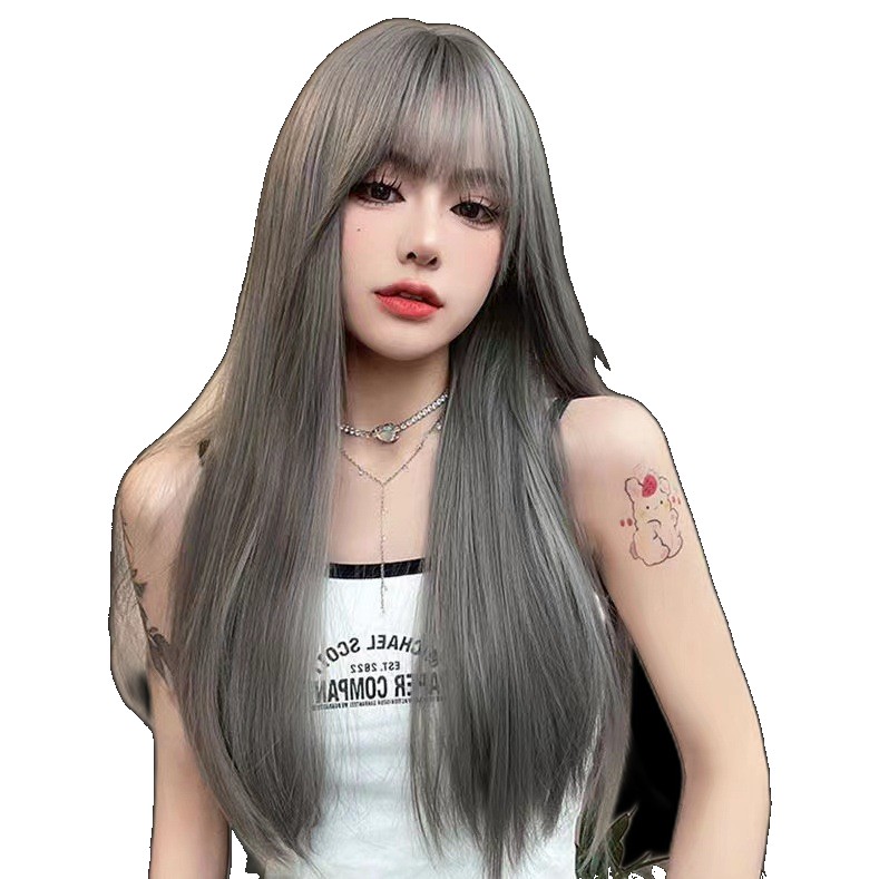 [EGIFTON-3797] Qi bangs Internet celebrity pure lust style black long straight hair natural wig female full headset platinum Barbie Barbie