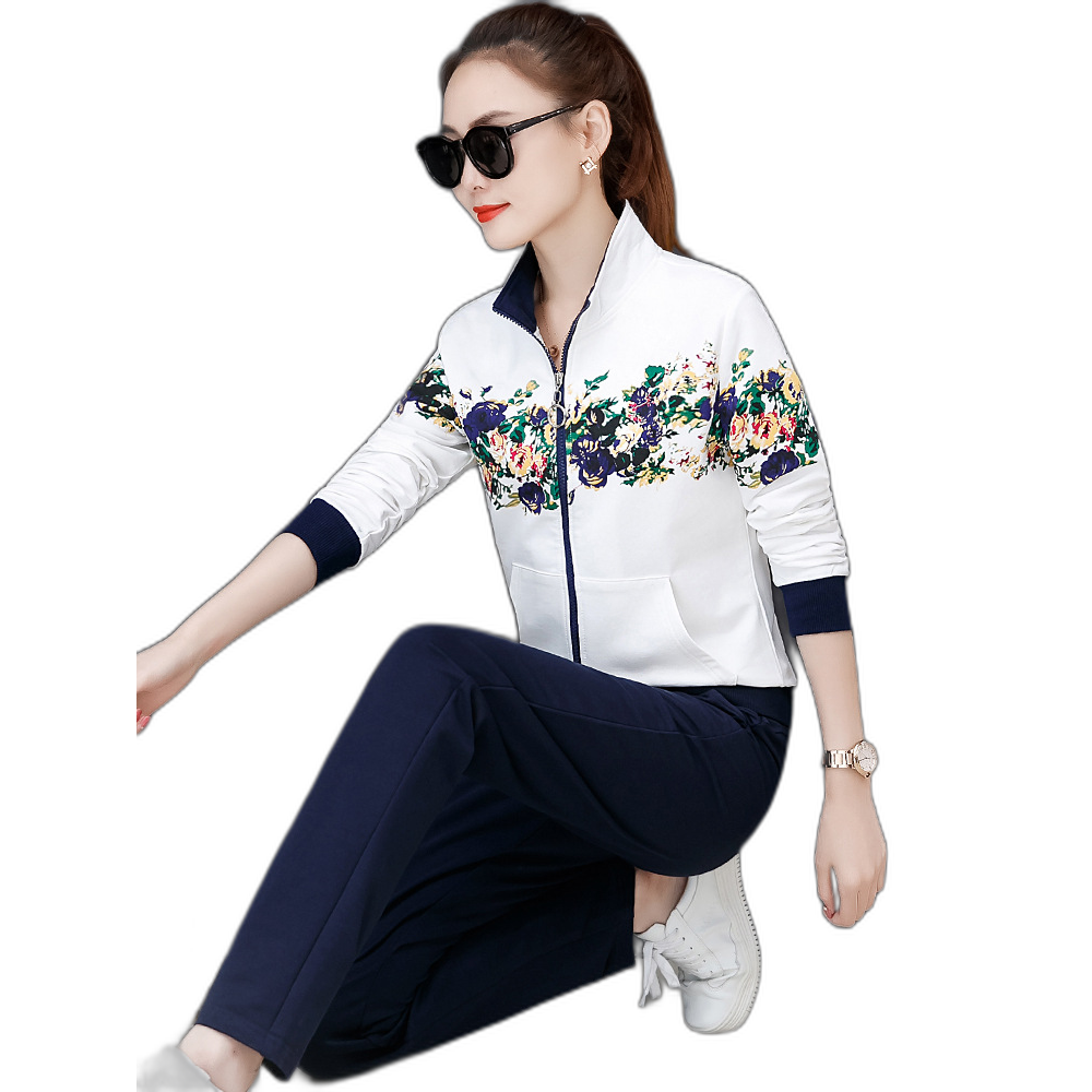 [EGIFTON-3861] Women's Sports Suit 2023 Spring and Autumn New Xinjiang Cotton Korean Style Fashion Printed Stand Collar Sweater Two-piece Set Set