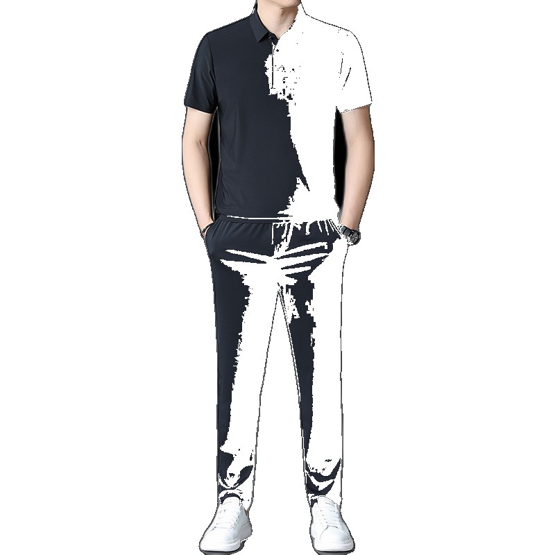 [EGIFTON-LIVE-3178] Summer business seamless men's short-sleeved ice silk two-piece suit middle-aged and young casual sports lapel polo shirt thin section section