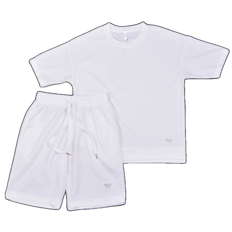 [EGIFTON-LIVE-3181] Waffle fake two-piece suit men's round neck T-shirt top five-point casual shorts sports trend spot wholesale wholesale