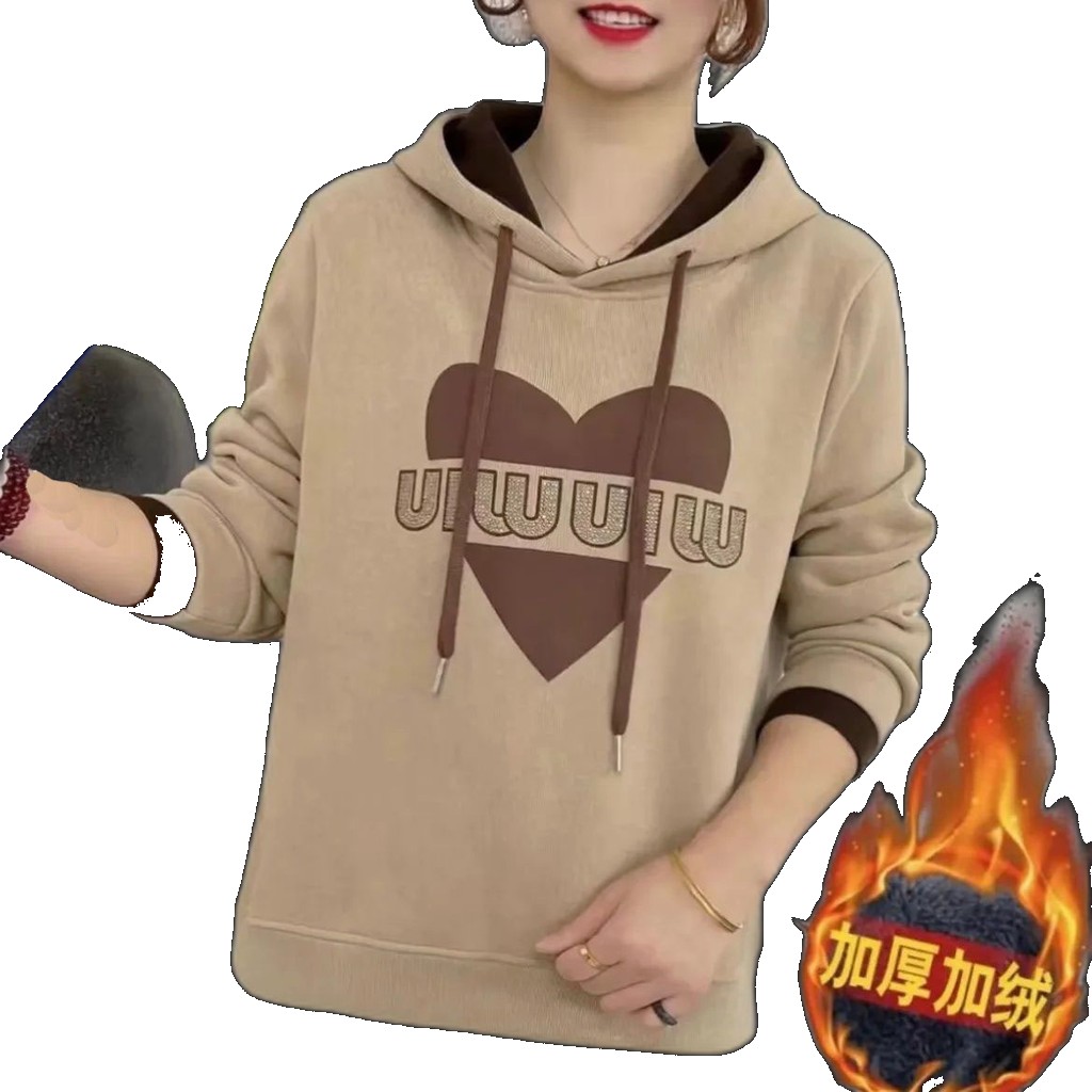 [EGIFTON-LIVE-3613] Autumn and winter new fashion women's western style age reduction plus fleece thick sweater mother's all-match hooded casual bottoming sweater