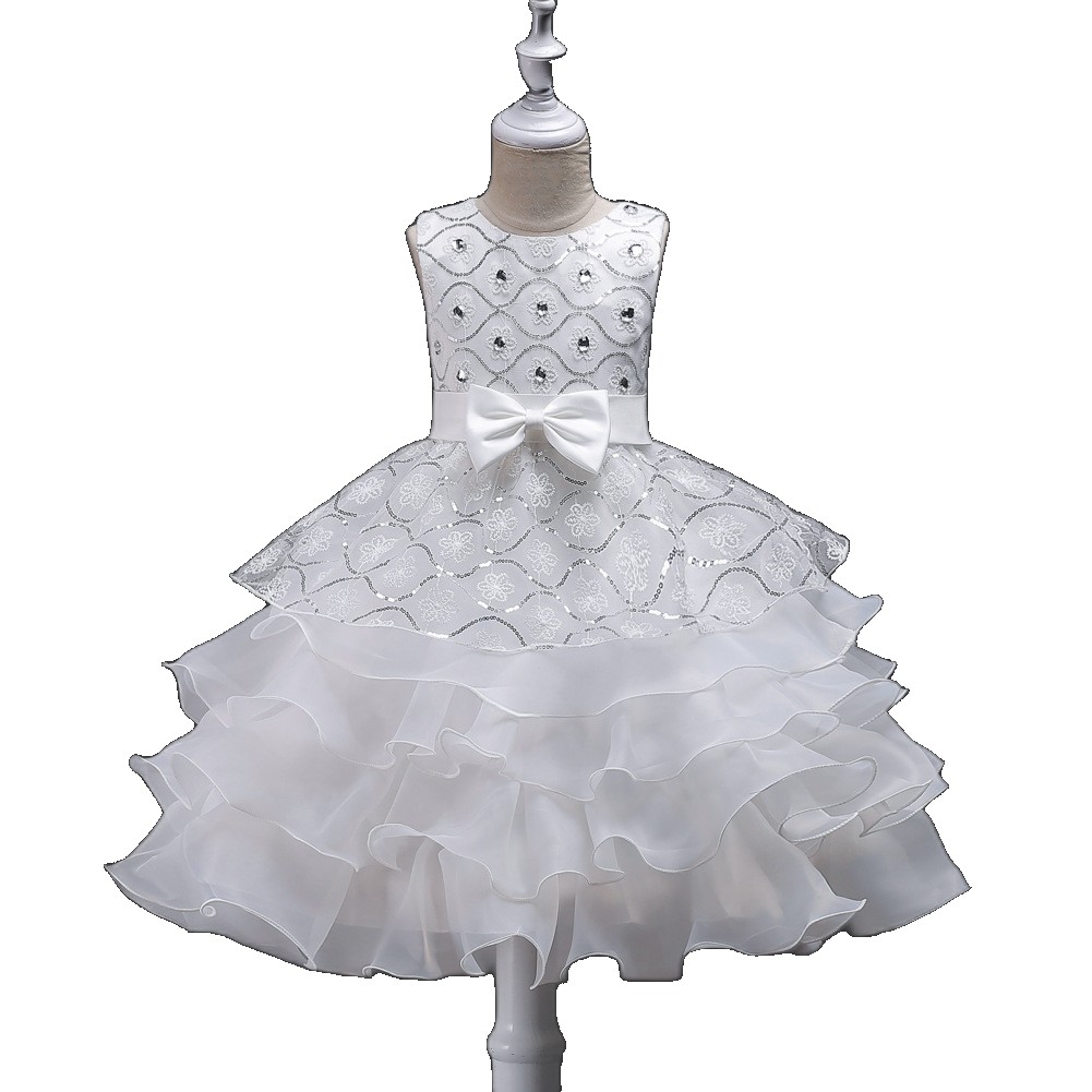 [EGIFTON-LIVE-3696] European and American medium large girls bowknot fluffy dress with beads sequins princess flower girl wedding mesh children's dress
