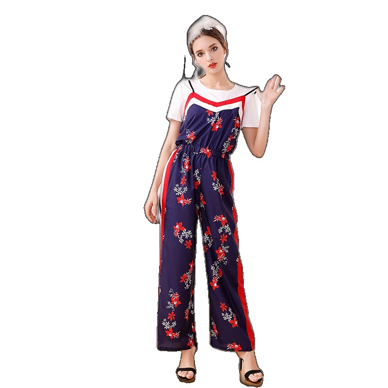 [EGIFTON-LIVE-3697] European and American new spring all-match T-shirt + printed suspenders jumpsuit wide-leg pants suit female two-piece set set