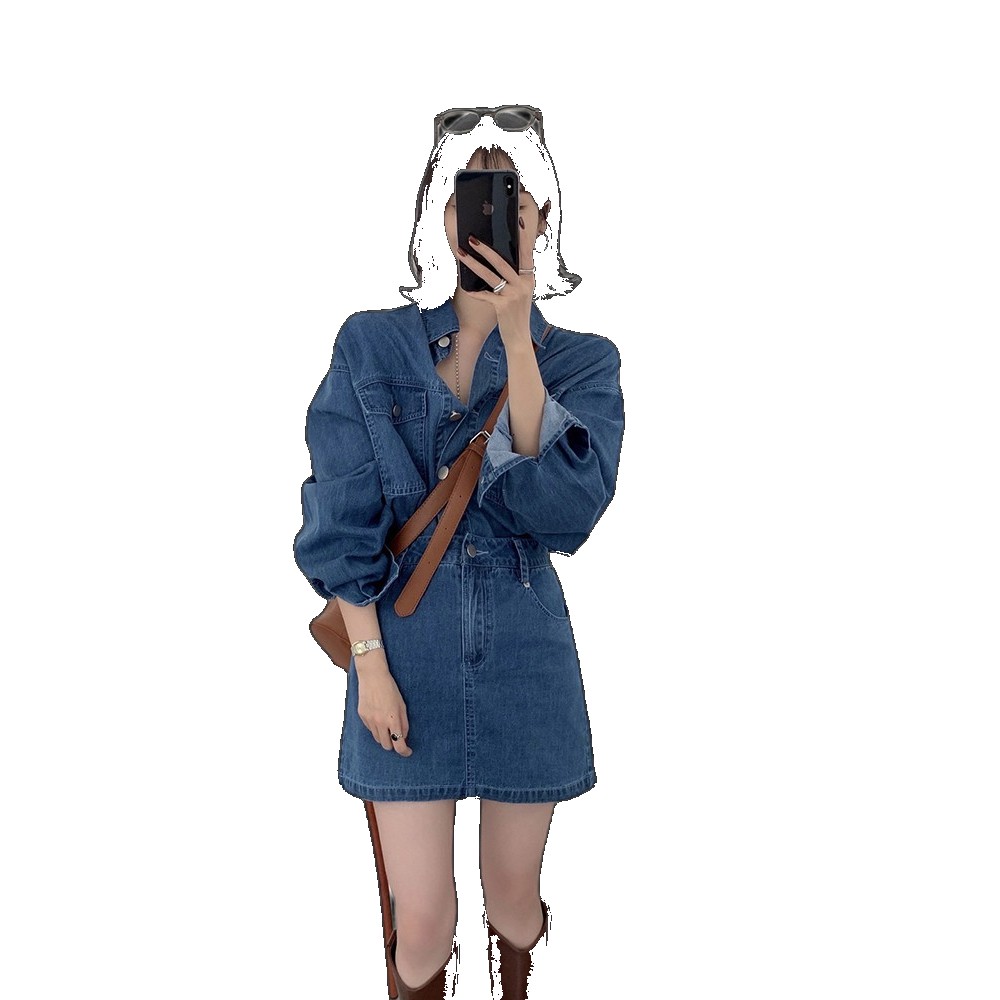 [EGIFTON-LIVE-3748] Korea Dongdaemun 2023 new autumn fashion loose long-sleeved denim shirt + high-waisted A-line skirt two-piece set set