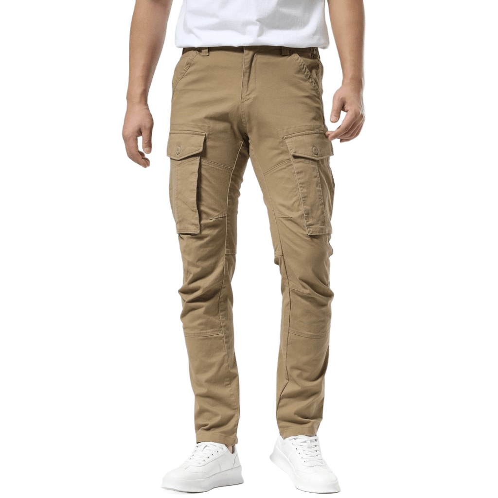 [EXT-MEN-PLAID-CARGO-KHAKI] Plaid&Plain Men's Dark Pebble Khaki Slim Fit Cargo Pants