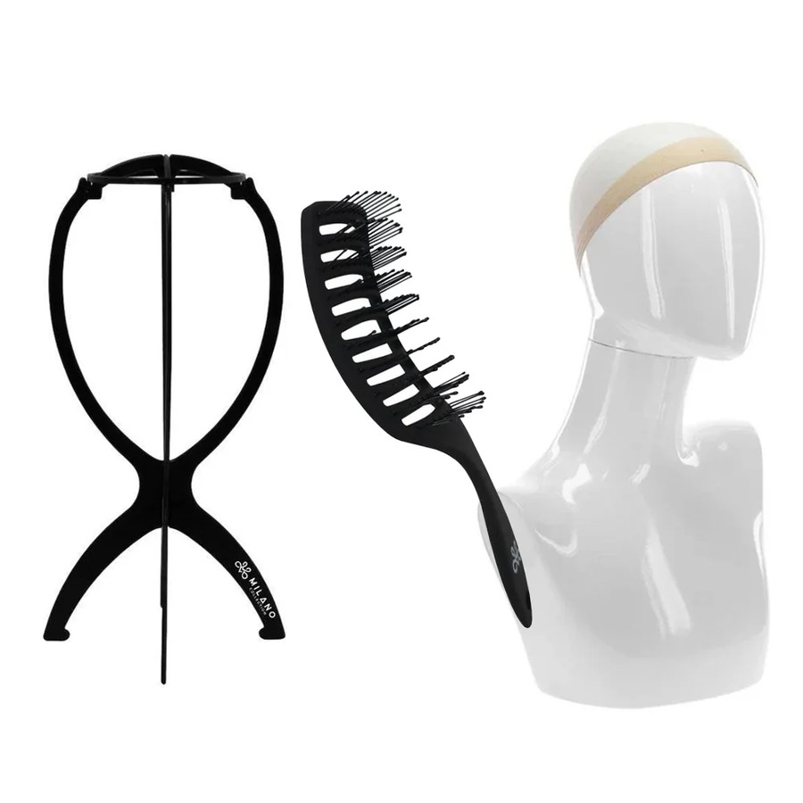 [EXT-WIG-TOOLS-MILANO-001] Milano Wig Stand, Caps and Gentle Brush Value Pack